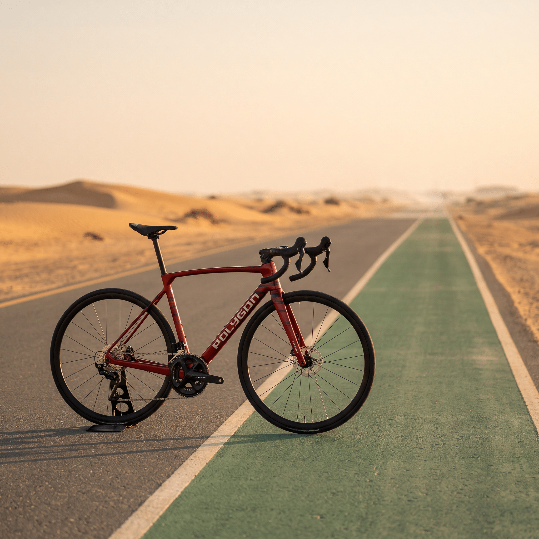 Polygon Strattos S7 road bike on a UAE desert cycle track at sunrise - Bikeera