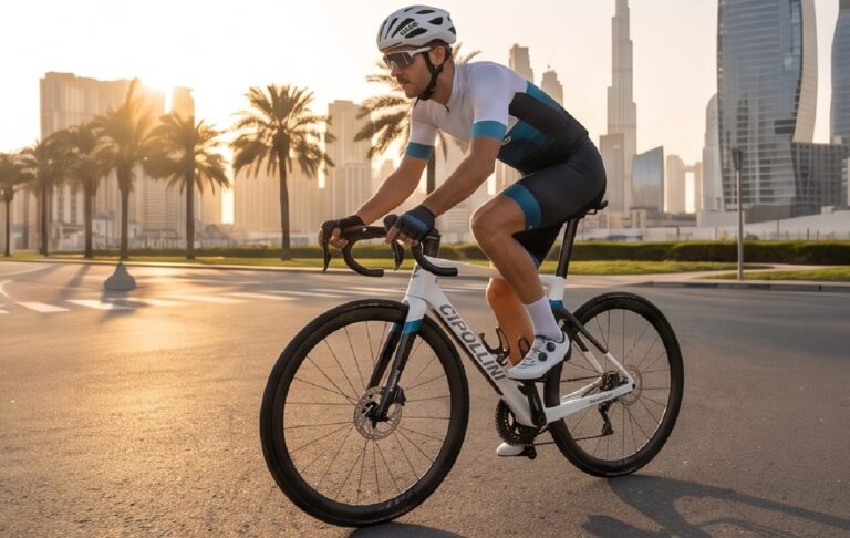 Cyclist riding at sunrise on a Dubai road with the city skyline behind