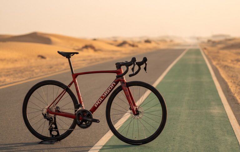 Polygon road bike on the green Al Qudra cycle track in the UAE desert