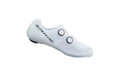 White Shimano S-PHYRE RC9 road cycling shoe with dual dial closure