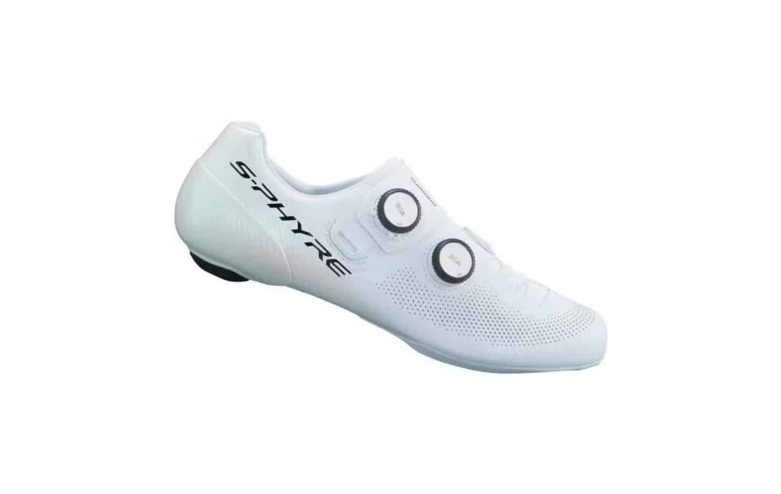 White Shimano S-PHYRE RC9 road cycling shoe with dual dial closure