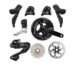 Complete Shimano 105 Di2 groupset laid out: levers, calipers, derailleurs, chainset, cassette and rotor