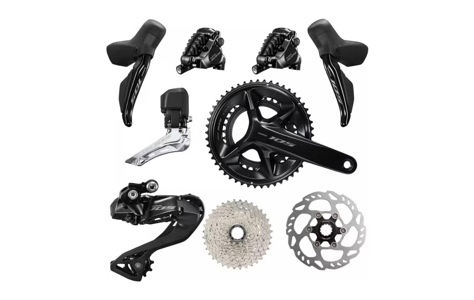 Complete Shimano 105 Di2 groupset laid out: levers, calipers, derailleurs, chainset, cassette and rotor