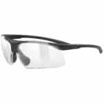 uvex slade sports glasses in black matt with a clear category 0 lens, front angled view