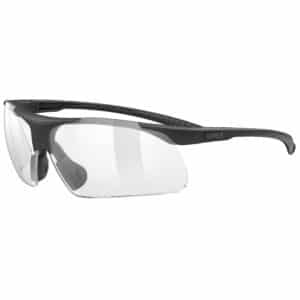 uvex slade sports glasses in black matt with a clear category 0 lens, front angled view