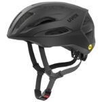 uvex Traqa Mips gravel bike helmet in black matt, side view with Mips badge