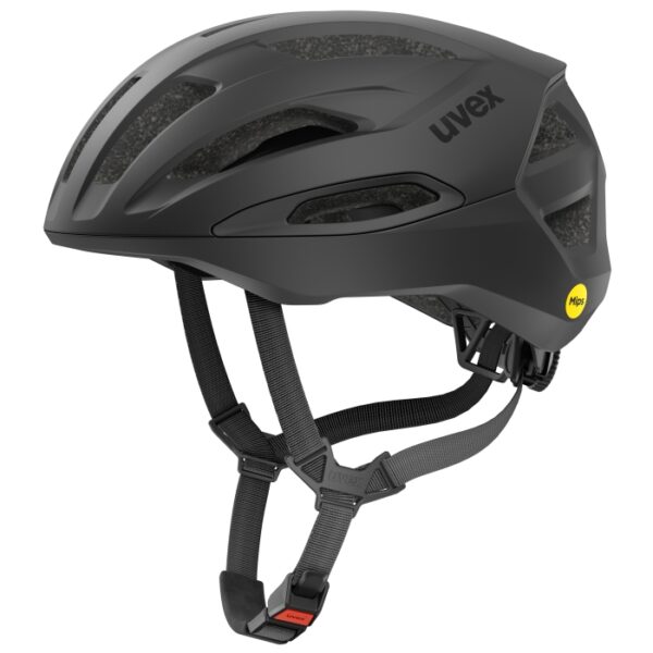 uvex Traqa Mips gravel bike helmet in black matt, side view with Mips badge