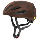 uvex Traqa Mips gravel bike helmet in cedar matt brown, side view with Mips badge