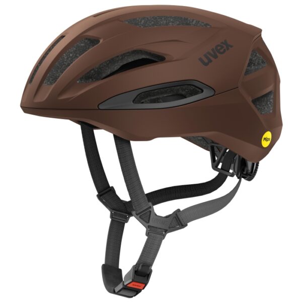 uvex Traqa Mips gravel bike helmet in cedar matt brown, side view with Mips badge