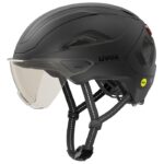 uvex Tenacit-e Visor Mips NTA 8776 e-bike helmet in black matt, side view with the visor down and Mips badge