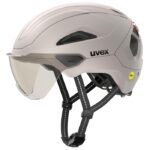 uvex Tenacit-e Visor Mips e-bike helmet in warm grey matt, side view with the lightmirror silver visor down