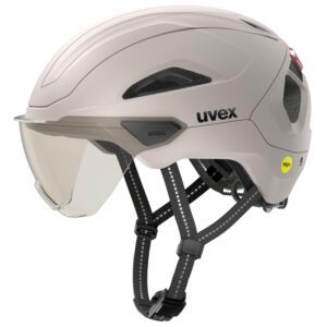 uvex Tenacit-e Visor Mips e-bike helmet in warm grey matt, side view with the lightmirror silver visor down