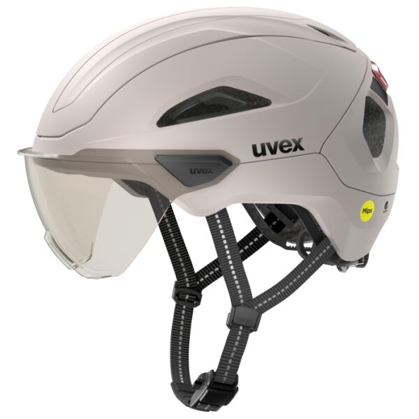 uvex Tenacit-e Visor Mips e-bike helmet in warm grey matt, side view with the lightmirror silver visor down