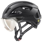 uvex stride visor MIPS commuter helmet in black matt with tinted litemirror visor, reflective chin strap and Mips badge, side view