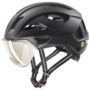 uvex stride visor MIPS commuter helmet in black matt with tinted litemirror visor, reflective chin strap and Mips badge, side view