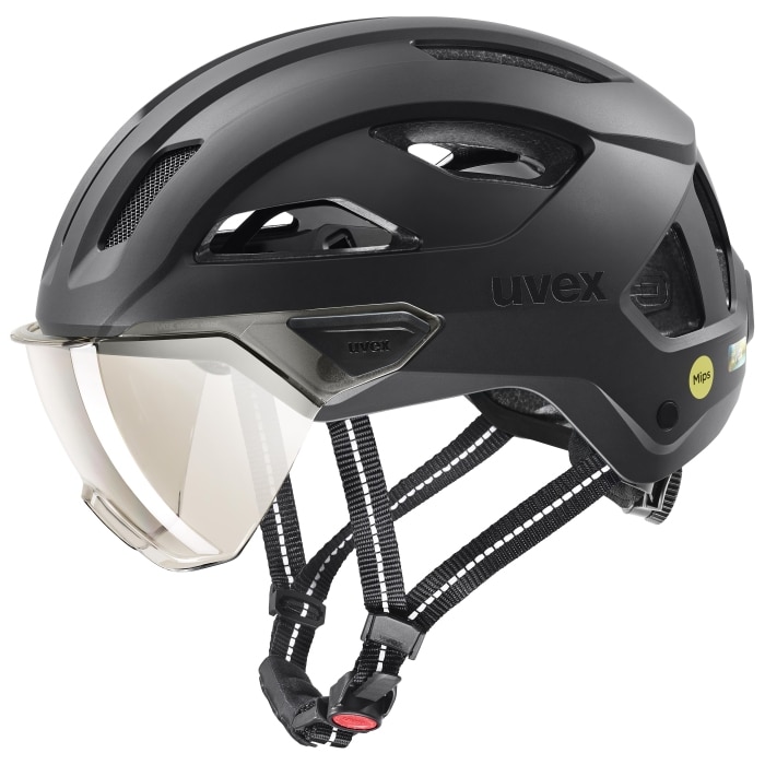 Uvex Stride Visor MIPS black matt side view uvex stride visor MIPS commuter helmet in black matt with tinted litemirror visor, reflective chin strap and Mips badge, side view