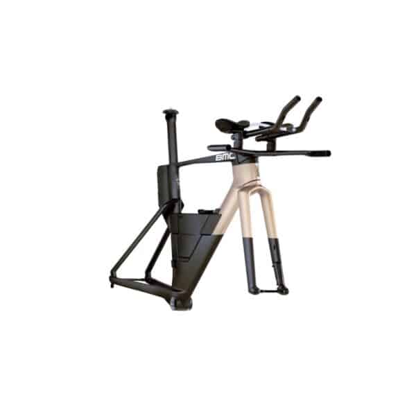 Front three-quarter view of the BMC Speedmachine 01 Module showing the flat cockpit with Profile Design Aeria Ultimate armrests and aerobar extensions