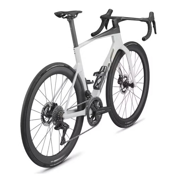 Rear three-quarter view of the BMC Teammachine R 01 showing the Dura-Ace Di2 drivetrain, deep-section carbon wheels and all-aero seatpost