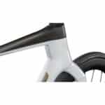 Close-up of the BMC Teammachine R 01 seat cluster and all-aero seatpost with a Pirelli tyre and dropped seat stays