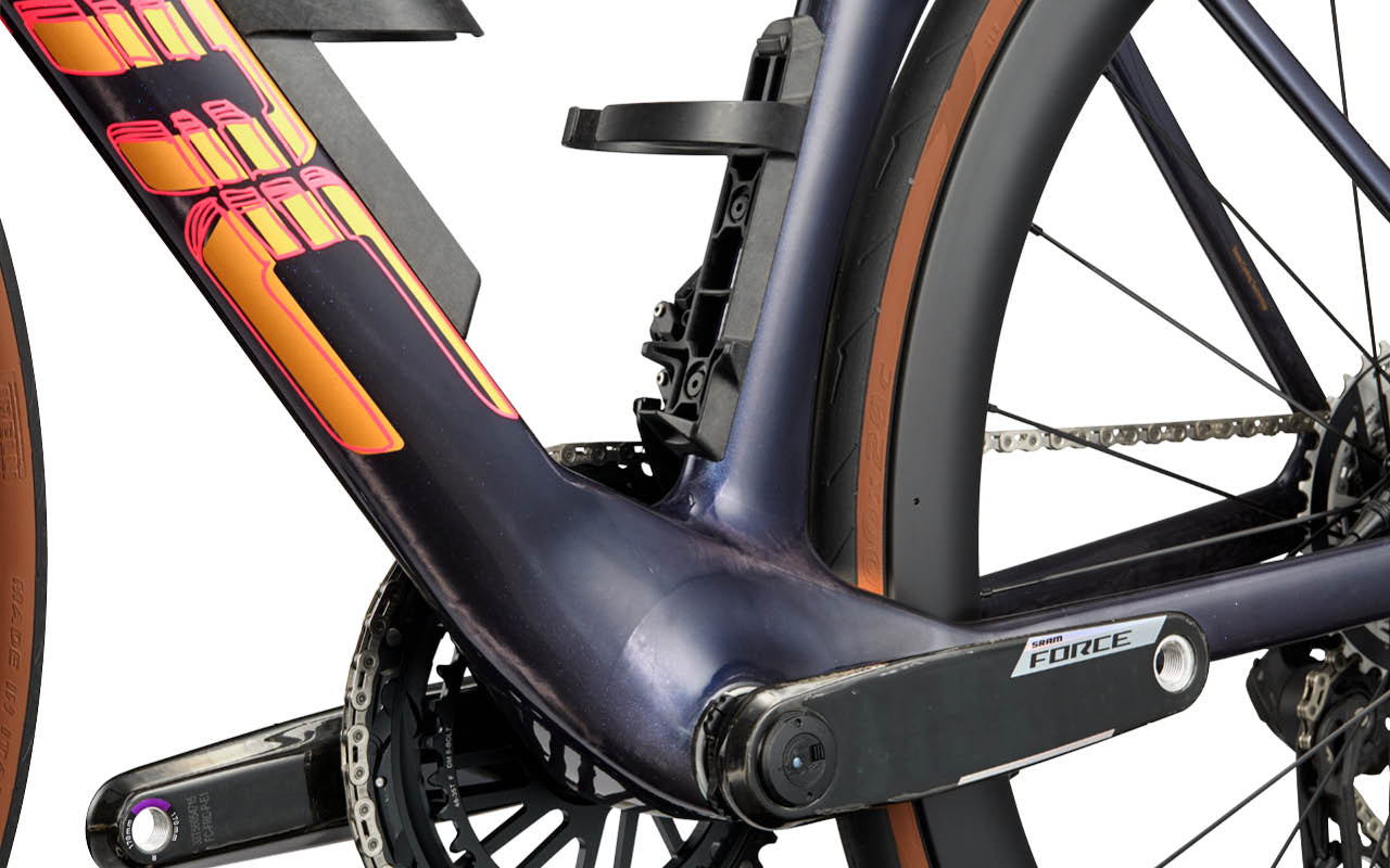 Close-up of the deep Mariana bottom bracket area on the BMC Teammachine R 01, shaped for cleaner airflow