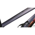 Close-up of the BMC Teammachine R 01 THREE top tube and seat tube showing the Aerocore frame shaping and Blue Carbon Doodle paint