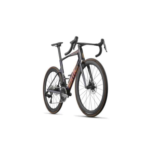 Front three-quarter view of the BMC Teammachine R 01 THREE showing the ultra-wide Halo fork and ICS Carbon Aero Gen 2 one-piece cockpit