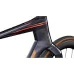 Close-up of the BMC Teammachine R 01 THREE head tube and Halo fork crown with the Blue Carbon Doodle graphics