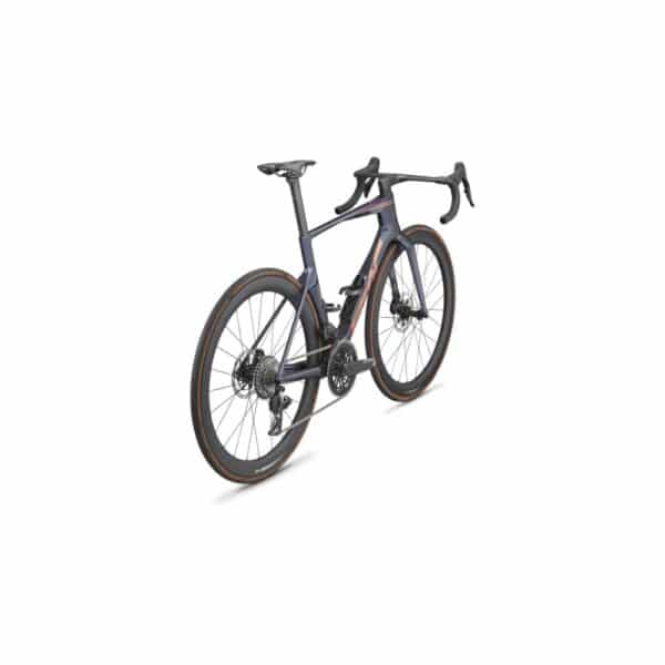Rear three-quarter view of the BMC Teammachine R 01 THREE showing the SRAM Force AXS rear derailleur and aero seat tube