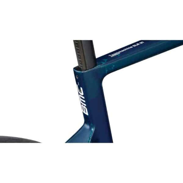 Close-up of the BMC Teammachine SLR 01 FIVE seat cluster and Advanced Carbon aero seatpost with Teammachine SLR 01 decal