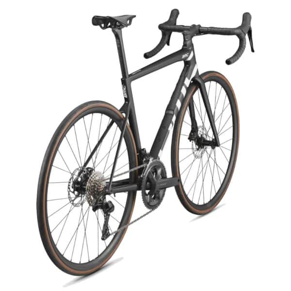 BMC Teammachine SLR THREE in Black, rear three-quarter view with Shimano 105 11-36T cassette