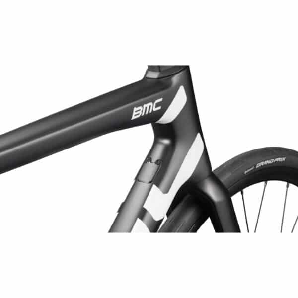 Close-up of the Advanced Carbon frame and BMC logo on the black Teammachine SLR TWO