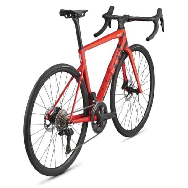 Rear three-quarter view of the Neon Red BMC Teammachine SLR TWO road bike