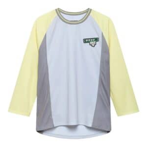 Cafe du Cycliste Barbara V2 men’s three-quarter sleeve lightweight jersey in Naples Yellow, front view on a white background