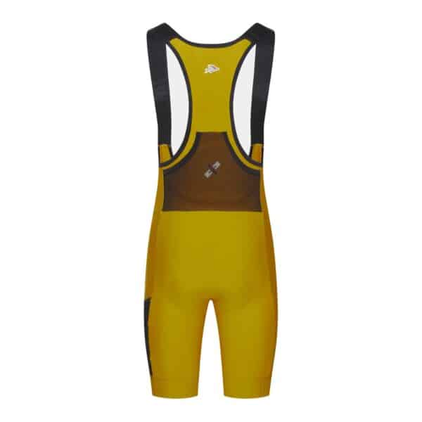 Back of the golden olive Eva V2 cargo bib short showing the ventilated mesh back panel
