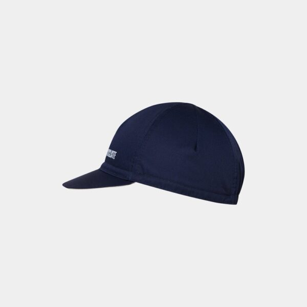 Side profile of the Cafe du Cycliste Gapette cap in Navy showing the short peak