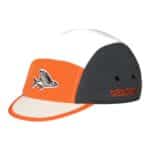 Cafe du Cycliste Gravel Summer cap in anthracite and scarlet, five-panel construction shown in profile on a white background