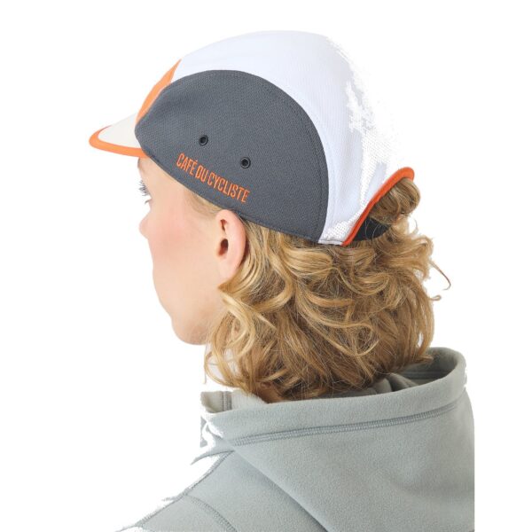 Rear three-quarter view of the Cafe du Cycliste Gravel Summer cap being worn