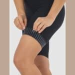 Close-up of the laser-cut leg finish and silicone gripper on the Cafe du Cycliste Graziella bib shorts