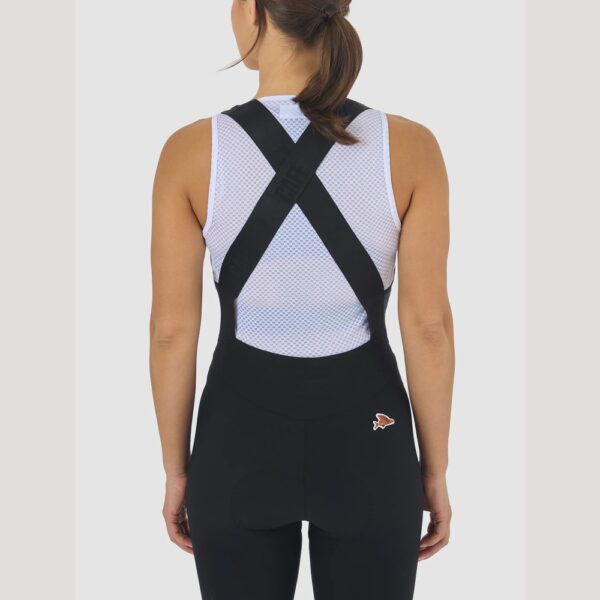 Close-up of the crossed mesh shoulder straps on the Cafe du Cycliste Graziella bib shorts