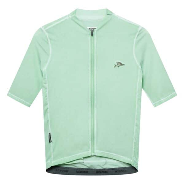 Cafe du Cycliste Laurette men’s short sleeve jersey in Cold Dye Jadeite green, front view