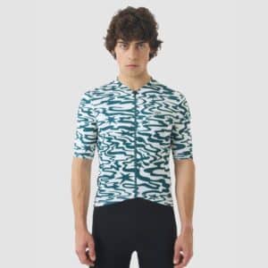 Cyclist wearing the Cafe du Cycliste Laurette jersey in Stars Dark Sea, front view