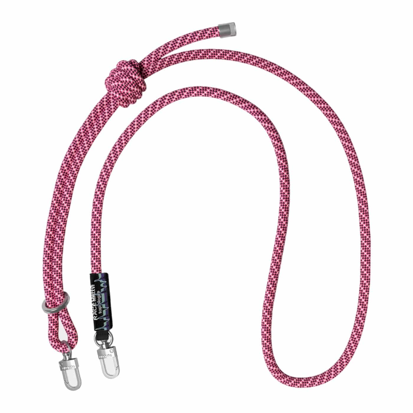 Cafe du Cycliste x Topologie 8mm rope strap in fuchsia route, shown full length with both swivel carabiners on a white background