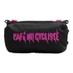 Cafe du Cycliste x Topologie medium bottle sacoche in black with fuchsia print, front view on a white background