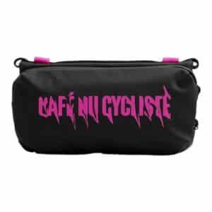 Cafe du Cycliste x Topologie medium bottle sacoche in black with fuchsia print, front view on a white background
