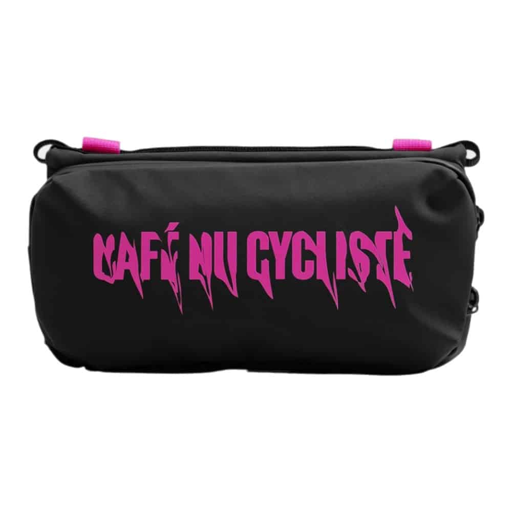 Cafe du Cycliste x Topologie medium bottle sacoche in black with fuchsia print, front view on a white background