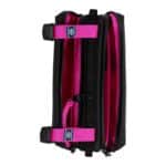 The medium bottle sacoche opened flat showing the fuchsia lining and internal organiser pockets
