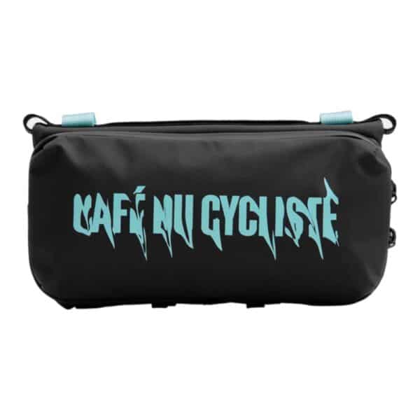 Cafe du Cycliste x Topologie medium bottle sacoche in black with mint print, front view on a white background