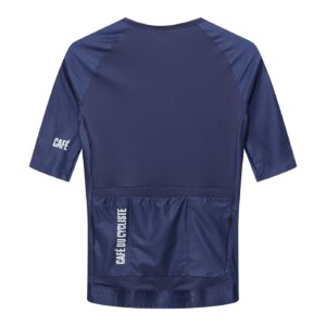 Back of the Cafe du Cycliste Vinciane men’s jersey showing the three rear pockets and gripper hem