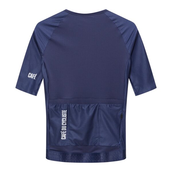 Back of the Cafe du Cycliste Vinciane men’s jersey showing the three rear pockets and gripper hem