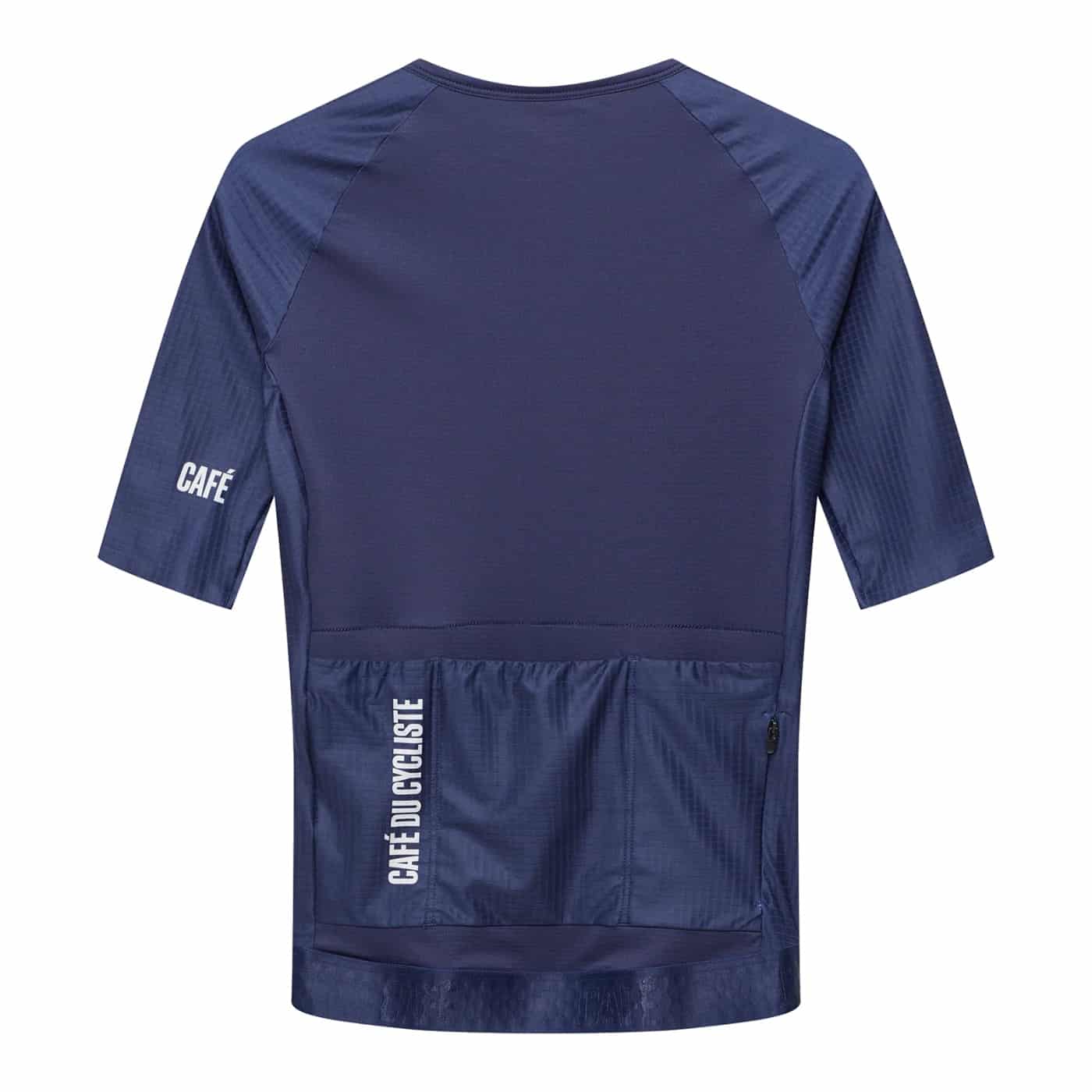 Back of the Cafe du Cycliste Vinciane men’s jersey showing the three rear pockets and gripper hem